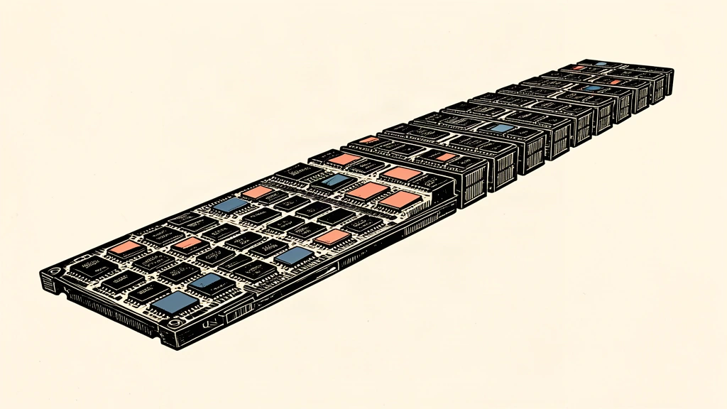 A detailed illustration of a high-capacity server memory module leading a long line of identical units into the distance.
