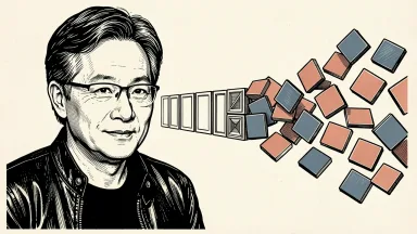 Nvidia CEO Jensen Huang beside a row of geometric tiles that breaks apart into a floating, unpredictable cluster, representing ambiguous AI instructions. Identity photo references adapted into illustration: Photographer: Peter Dasilva (CC BY 4.0; https://creativecommons.org/licenses/by/4.0); source https://commons.wikimedia.org/wiki/File:Jensen_Huang_(cropped)_(2024).jpg