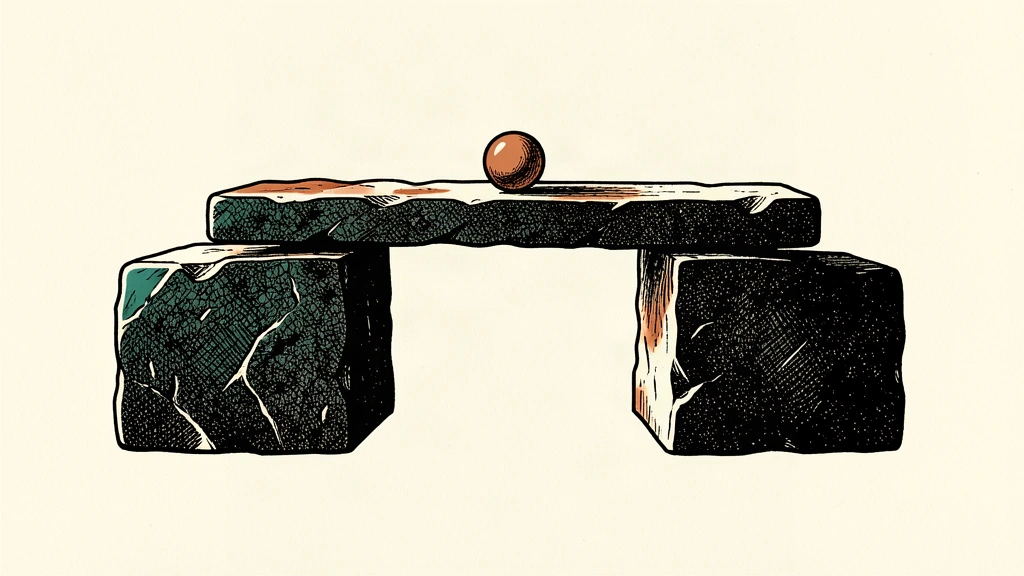 Two large stone blocks supporting a single beam with a sphere balanced in the center, symbolizing coordination.