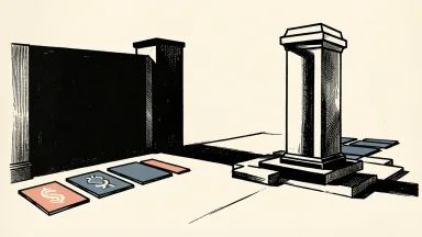 Charles Schwab CEO skeptical of AI trading: a solid gate blocks a group of blank geometric tiles from reaching a tall, stable pillar.