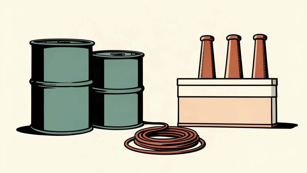 Linocut illustration of oil storage tanks and a power station on an ivory field.