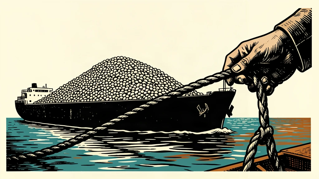 A large cargo ship carrying a massive pile of soybeans is being moored by two hands.
