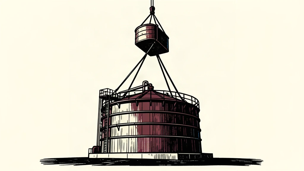 An editorial illustration showing one industrial oil tank being lifted high above another to represent raised guidance.