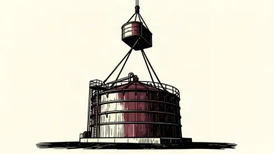 An editorial illustration showing one industrial oil tank being lifted high above another to represent raised guidance.