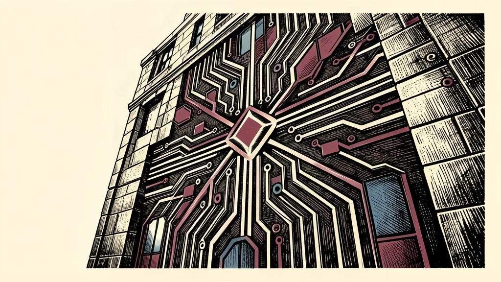 An editorial illustration showing a financial building facade with a circuit board pattern integrated into its stone surface.