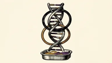 Tempus, Moderna, and Merck collaborate on cancer therapy: a DNA helix rises from a lab tray, encircled by three interlocking rings.