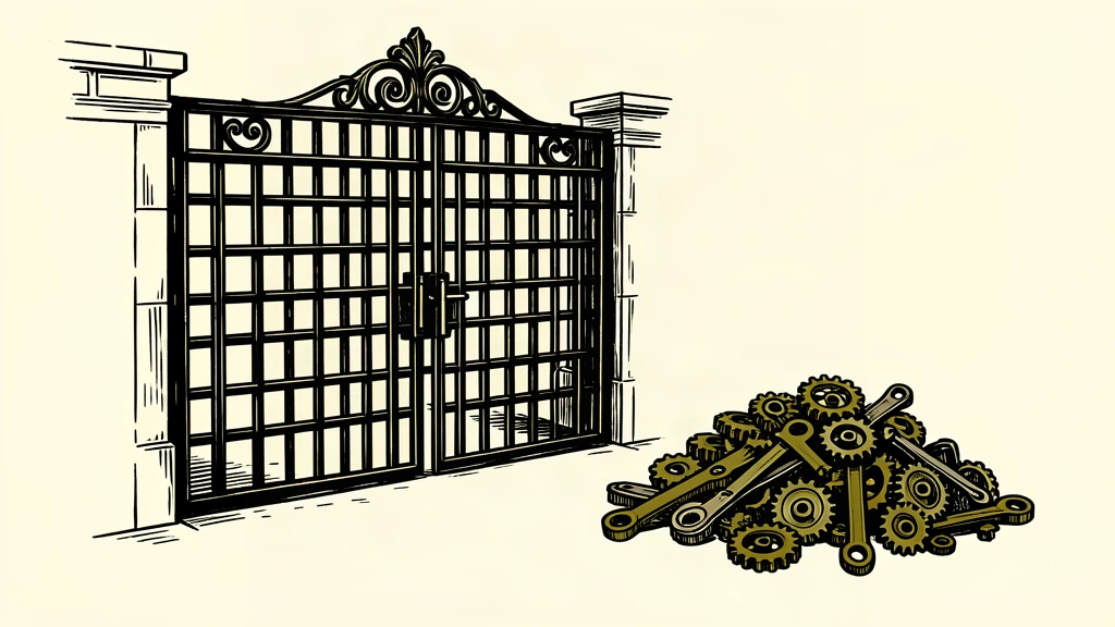 An editorial illustration of a closed iron gate standing next to a pile of removed mechanical parts, showing that the gate's current state is not caused by the missing components.