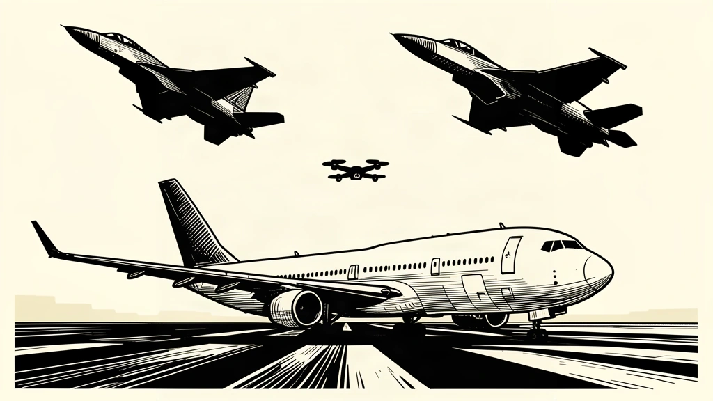 An editorial illustration showing a grounded airliner on a runway while NATO fighter jets bank overhead in response to a small drone silhouette.