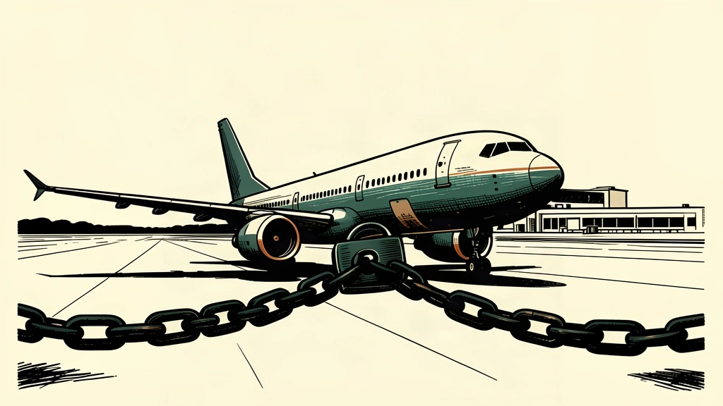 An editorial illustration showing a commercial airplane grounded on a runway behind a large padlock and chain, representing the airport closure.