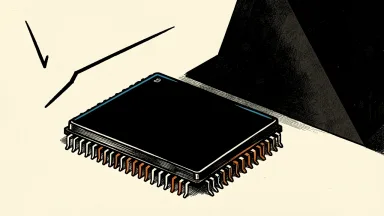 Nasdaq memory-chip stocks under pressure: a large memory module partially covered by a heavy dark shadow.