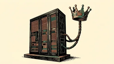 Boost Run shares rise after a $525.6M cloud contract: a large server rack connected by a heavy cable to a stylized crown.