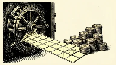 Citi and Coinbase payment integration: digital tiles flow from an open bank vault and transform into a stack of coins.