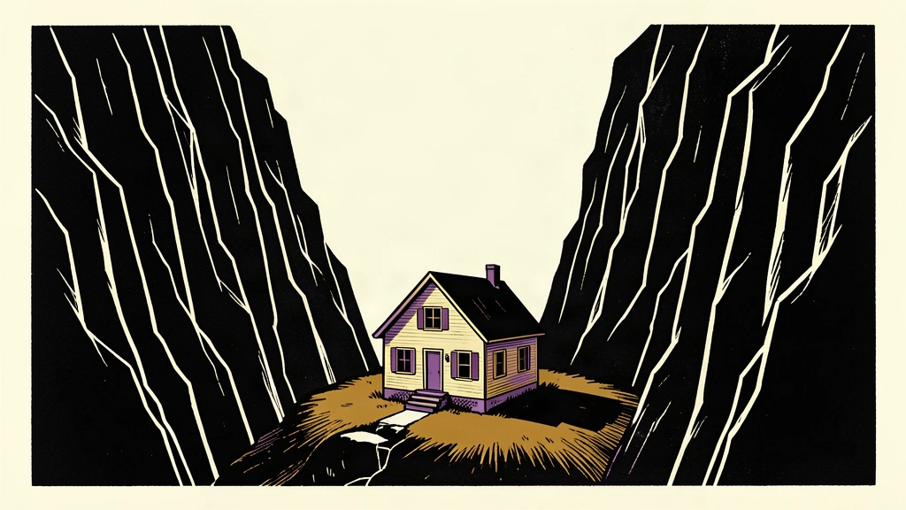 A small house sits at the bottom of a deep, narrow canyon, illustrating the historic low in home sales.