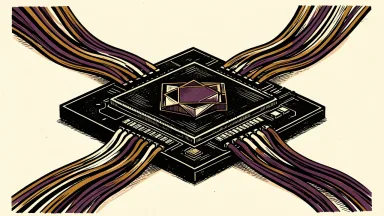 MaxLinear Topaz chip for high-speed fiber networks: a large semiconductor chip with bundles of fiber optic cables radiating light.