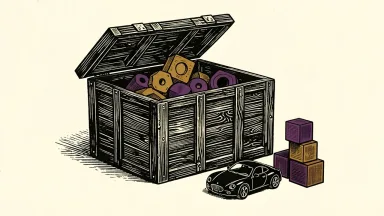 Authentic Brands Group approaches Mattel for a $6 billion acquisition: a large industrial shipping crate stands open next to a toy car and building blocks.
