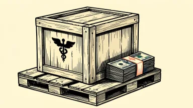 McKesson investment in a minority stake: a large medical supply crate on a pallet with a thick stack of currency placed beside it.