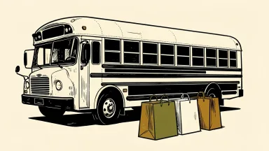 Fiserv Small Business Index shows retail growth: a large school bus silhouette positioned behind a row of blank retail shopping bags.