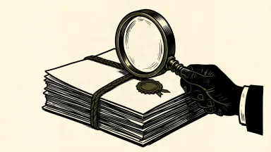 Superannuation And Investments Finco rating review: a magnifying glass held over a thick stack of bound documents with an intact seal.