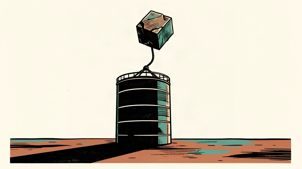 An editorial illustration showing a heavy oil silo connected by a taut cable to a rising stone block, symbolizing the pressure of energy costs on interest rates.