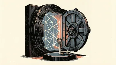ARK Invest tokenizes its venture fund: a heavy vault door opens to reveal a glowing blockchain lattice inside.