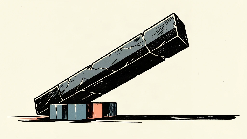 A conceptual illustration showing a massive black stone beam tilted upward at one end, propped up by a row of solid rectangular blocks in a muted accent color. The composition is minimalist with clean lines and ample negative space on a warm ivory background.