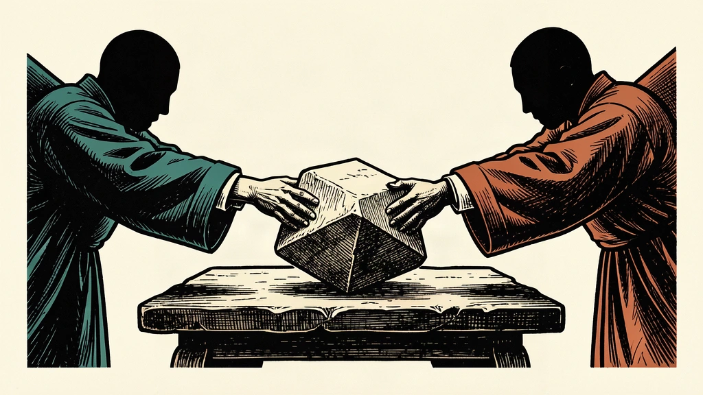 An editorial illustration showing two pairs of hands in robes meeting over a heavy stone block on a table.