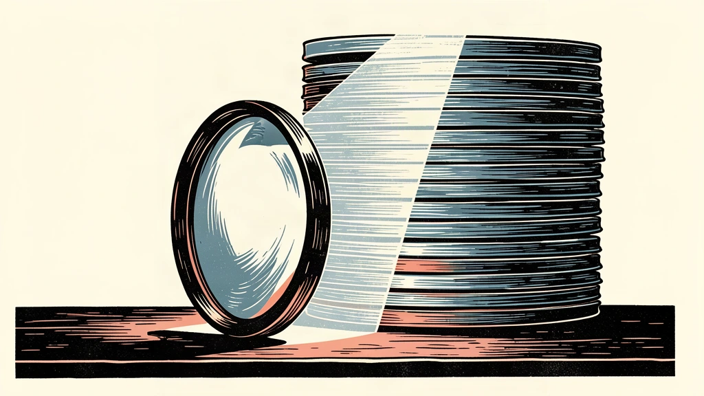 An editorial illustration showing a large optical lens focusing a beam of light in front of a massive, towering stack of glass components representing a surging backlog.