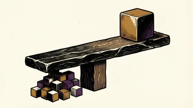 S&P 500 stocks under pressure from high bond yields: a heavy stone slab pins down a group of small cubes on a wooden pivot while one large cube remains elevated.