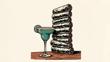 Chipotle stock rises on the return of margaritas: a frosted margarita glass stands next to a rising stack of foil-wrapped burritos.