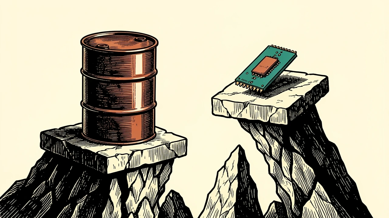 Brazilian equities and US tech stocks surge: an industrial oil drum and a microchip are thrust upward on rising stone pillars.
