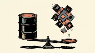 Oil prices rising as tech stocks fall: a heavy oil barrel on a balance scale outweighs a cluster of computer chips.