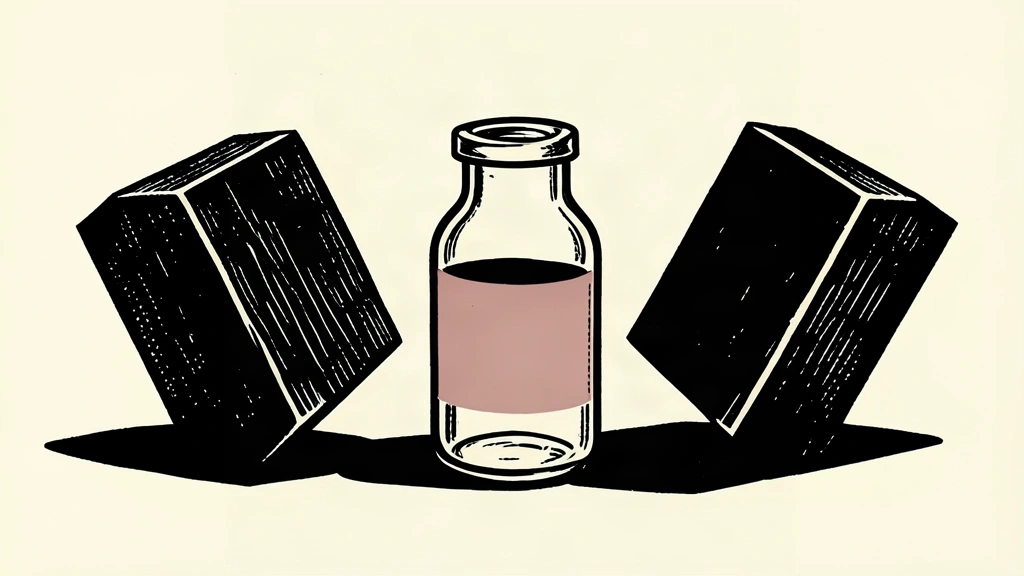 A conceptual linocut of a fragile glass vial positioned between two large falling blocks.