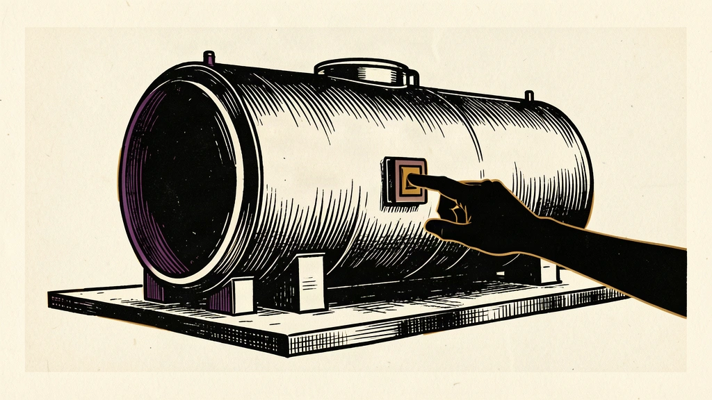 An editorial illustration showing a large industrial gas storage tank with a silhouette of a hand reaching toward a control panel, representing data entry risk.