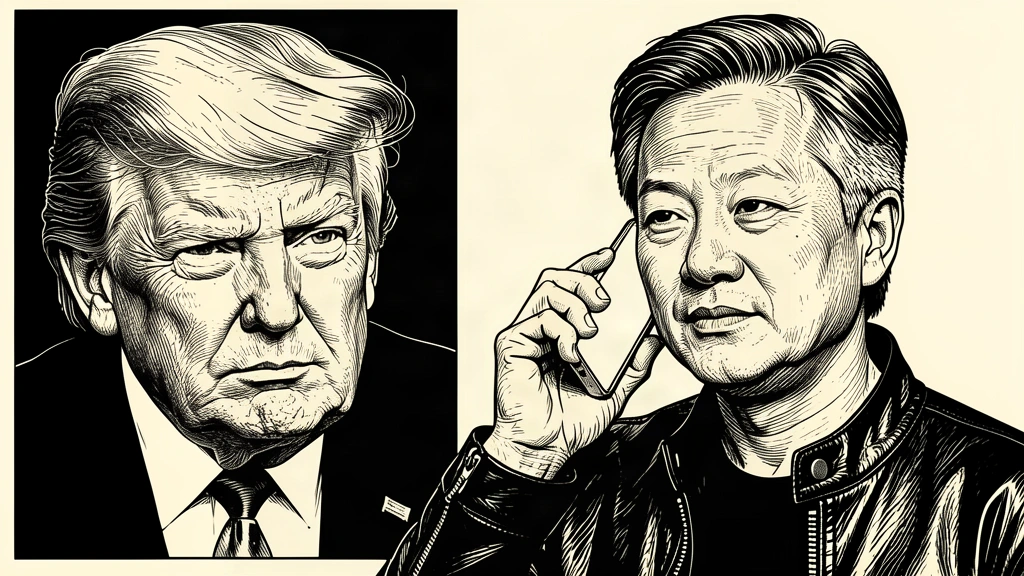 A dual portrait of Jensen Huang and Donald Trump connected by a phone call, rendered in black ink on ivory paper with muted accent tones. Identity photo references adapted into illustration: Daniel Torok (Public domain; https://commons.wikimedia.org/wiki/File:Official_Presidential_Portrait_of_President_Donald_J._Trump_(2025).jpg); source https://commons.wikimedia.org/wiki/File:Official_Presidential_Portrait_of_President_Donald_J._Trump_(2025).jpg | Photographer: Peter Dasilva (CC BY 4.0; https://creativecommons.org/licenses/by/4.0); source https://commons.wikimedia.org/wiki/File:Jensen_Huang_(cropped)_(2024).jpg