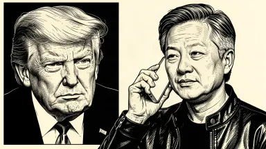 A dual portrait of Jensen Huang and Donald Trump connected by a phone call, rendered in black ink on ivory paper with muted accent tones. Identity photo references adapted into illustration: Daniel Torok (Public domain; https://commons.wikimedia.org/wiki/File:Official_Presidential_Portrait_of_President_Donald_J._Trump_(2025).jpg); source https://commons.wikimedia.org/wiki/File:Official_Presidential_Portrait_of_President_Donald_J._Trump_(2025).jpg | Photographer: Peter Dasilva (CC BY 4.0; https://creativecommons.org/licenses/by/4.0); source https://commons.wikimedia.org/wiki/File:Jensen_Huang_(cropped)_(2024).jpg
