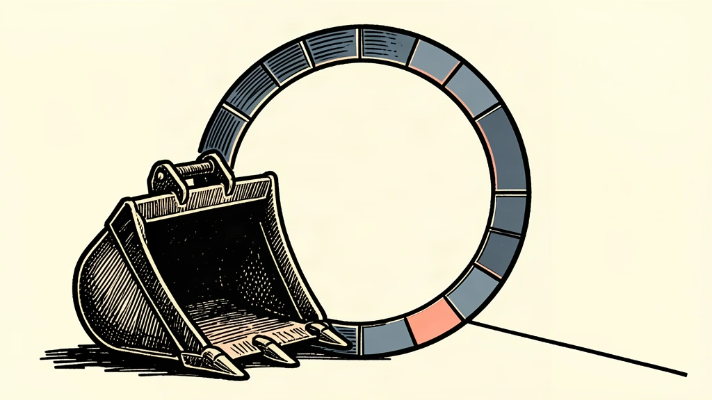A conceptual editorial illustration showing a large black mining excavator bucket passing smoothly through a large vertical ring divided into twelve segments, symbolizing a streamlined twelve-month review process. The path ahead is clear and open against an ivory background with muted color accents 
