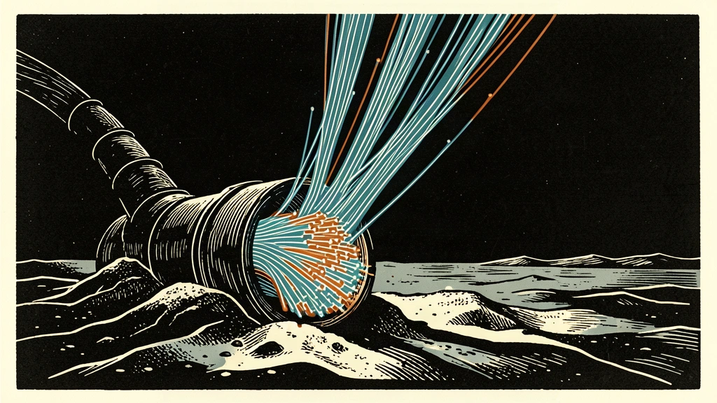 An editorial illustration of a large submarine cable on the ocean floor with glowing fiber optic strands splitting into two paths.