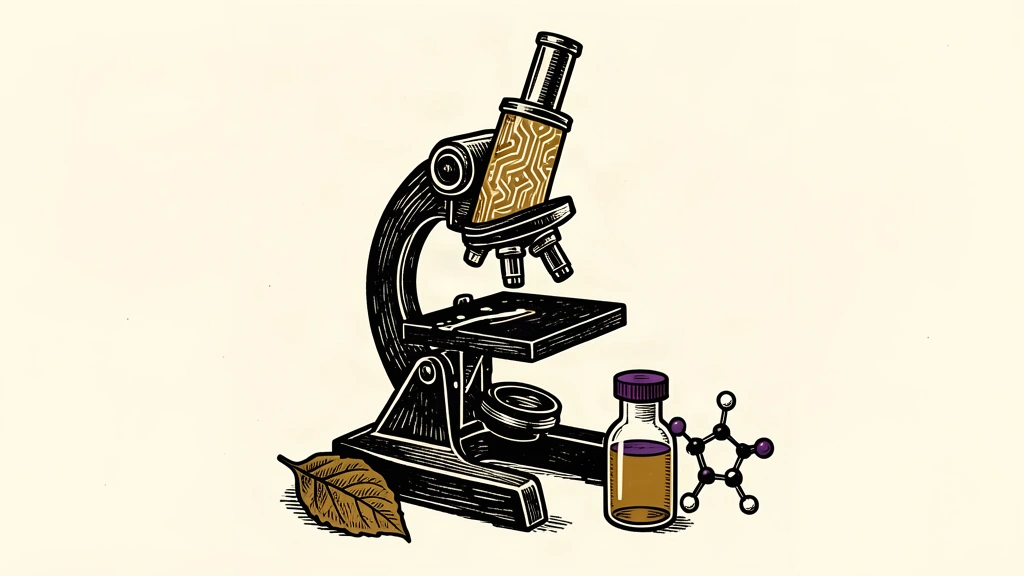 A conceptual illustration of a microscope with a circuit-patterned lens surrounded by a tobacco leaf, a vial, and a molecule, representing new FDA leadership in AI and specialized centers.
