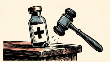 Capricor Therapeutics facing a securities fraud lawsuit: a medical vial tilting on a table as a gavel strikes beside it.