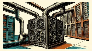 Trane Technologies AI factory cooling: a modular cooling unit connected by heavy pipes to a dense array of server racks.