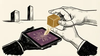 Microsoft Mai-Code-1.1 Flash model running on-device: a stylized digital hand emerges from a handheld tablet to manipulate a floating geometric data cube.