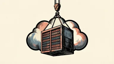 Cloudflare price target raised by Barclays: a cloud-shaped server rack is lifted upward by a heavy industrial crane hook.
