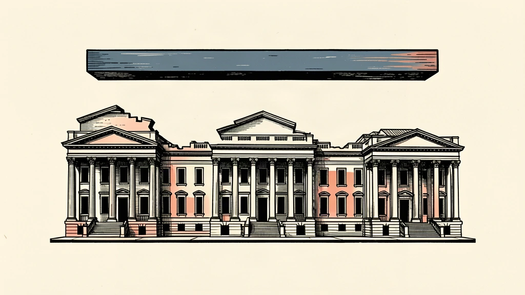 An editorial illustration showing a row of classical bank buildings with mismatched, uneven heights that prevent a single regulatory beam from resting across them.