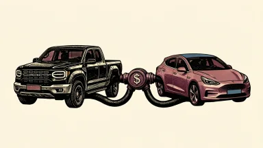 Rivian secures a $1 billion loan from Volkswagen: a heavy power cable connects an electric pickup truck and a European hatchback.
