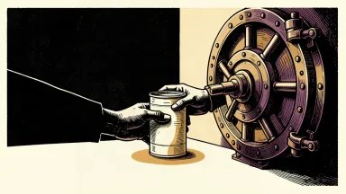 An editorial illustration showing a single infant formula can being released from a massive, heavy bank vault, representing the resolution of a major legal liability.