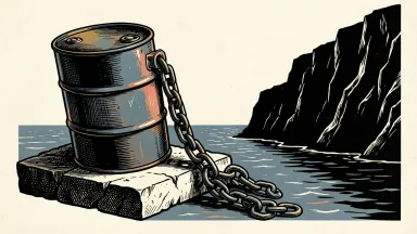 Oil prices under pressure as a sanctions chain unhooks from a barrel near a narrow, rocky strait.