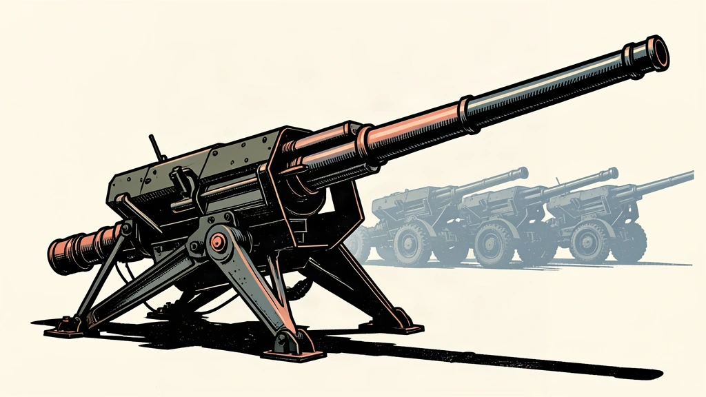 A modern, long-barreled artillery system stands in the foreground, while a row of older, shadowed howitzers recedes into the background.