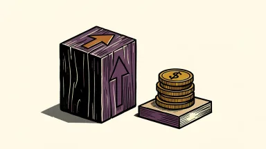 Woodside Energy price target raised by UBS, shown as a wooden block with an upward arrow and gold coins.