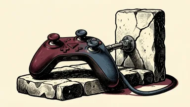 Take-Two Interactive signs a long-term Xbox license agreement: a game controller is bolted to a massive stone block by a thick industrial cable.
