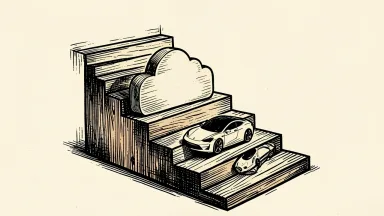 Stock market decline shown as a carved wooden ticker tape staircase with a ServiceNow cloud block and an upside-down Tesla Roadster.